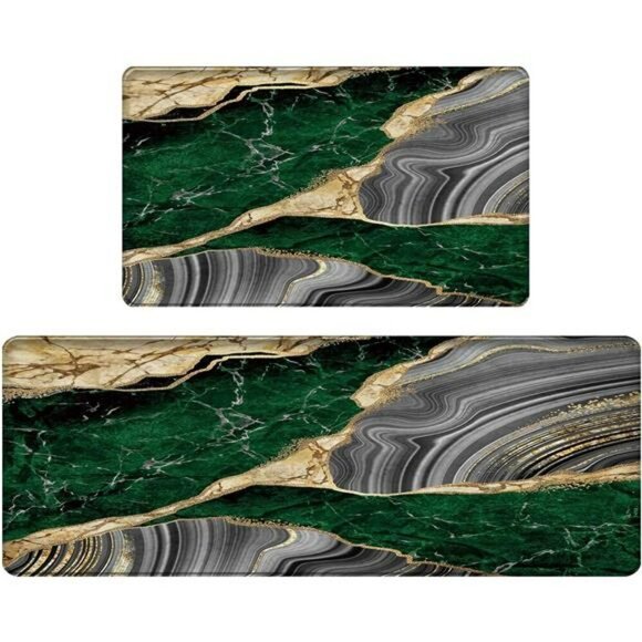 Green Marble Anti Fatigue Kitchen Mat Set Cushioned Waterproof Floor Runner - Picture 1 of 7